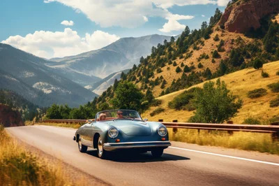 Vintage Convertible Driving Along A Scenic Mountain Road