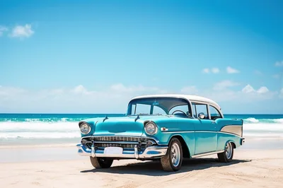 Classic Turquoise Chevrolet Bel Air On Sandy Beach