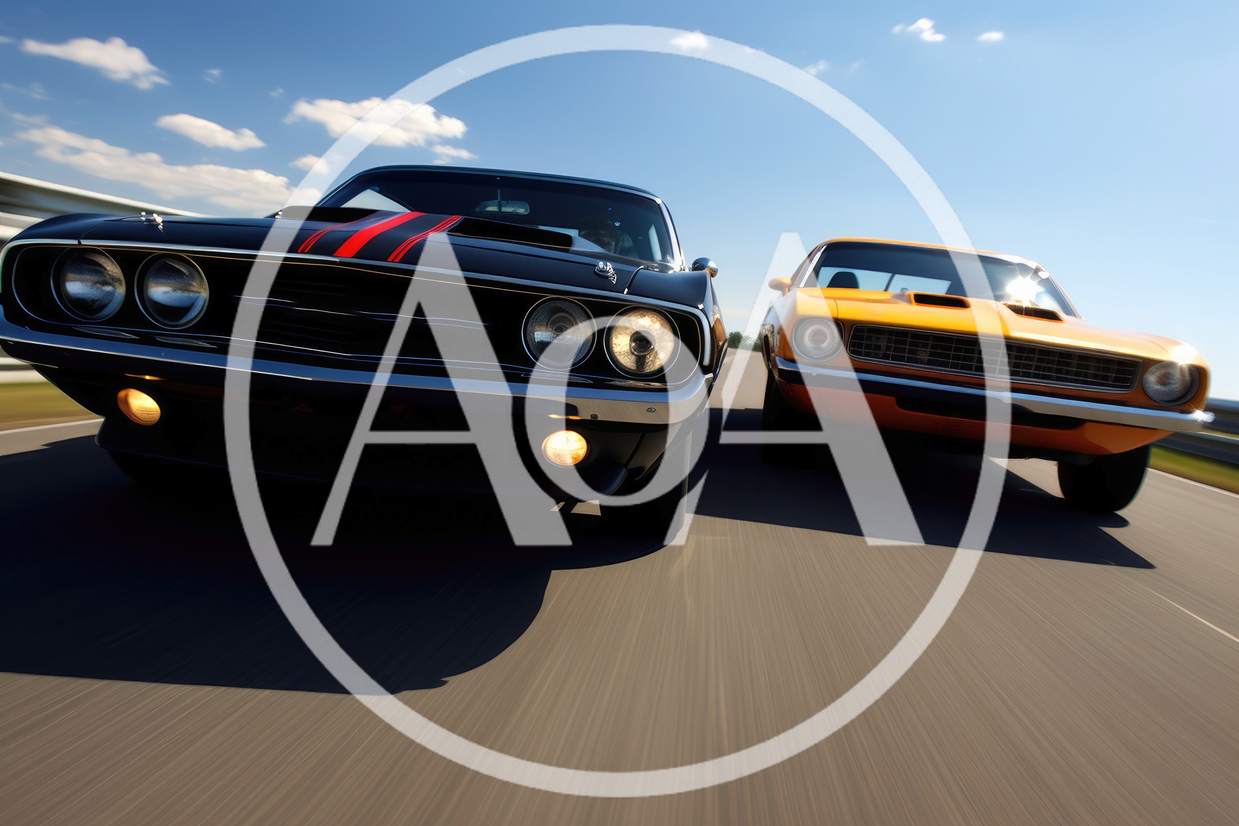 Two Classic Muscle Cars Racing On A Highway