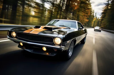 Classic Black Muscle Car Driving On Forest Road