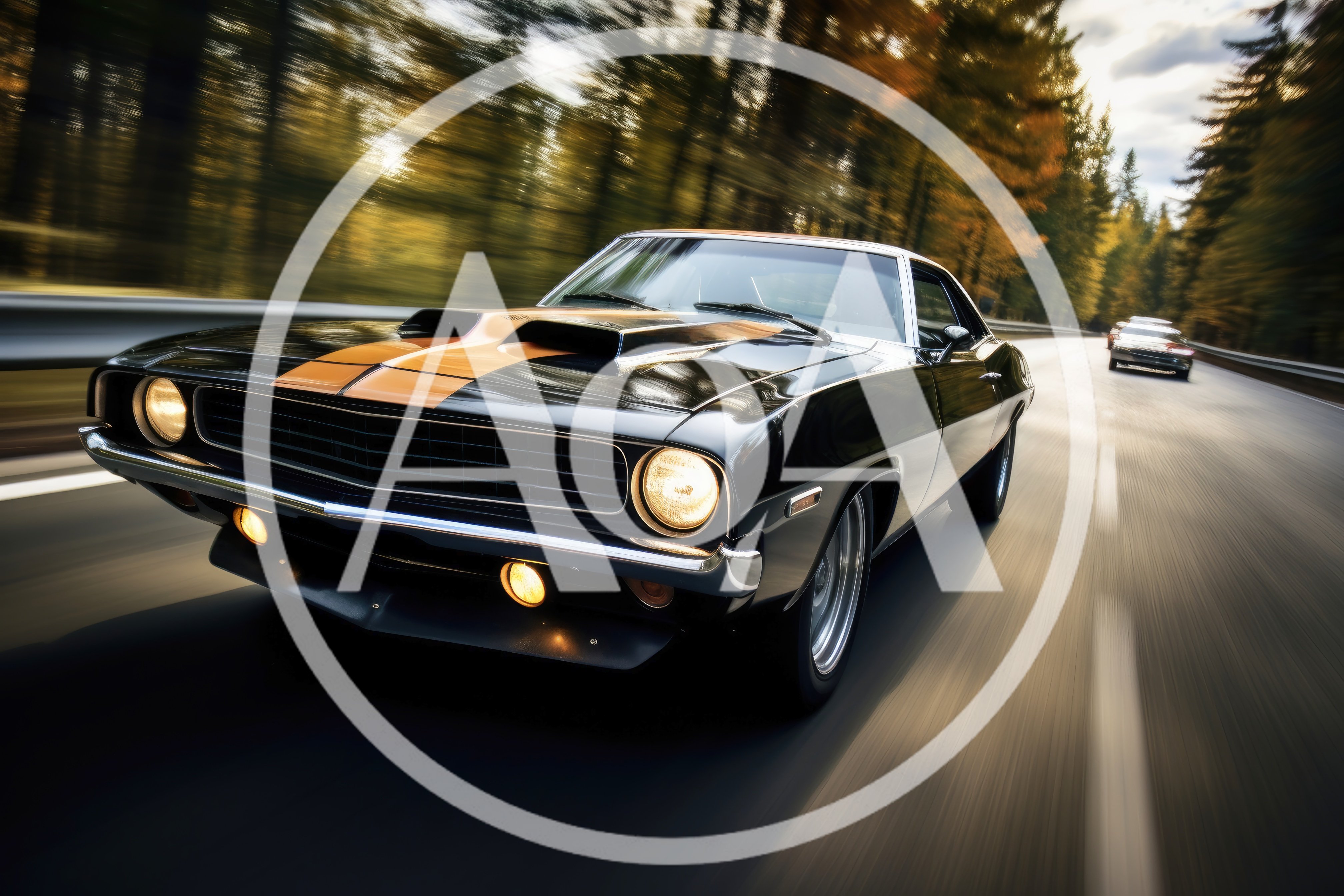 Classic Black Muscle Car Driving On Forest Road