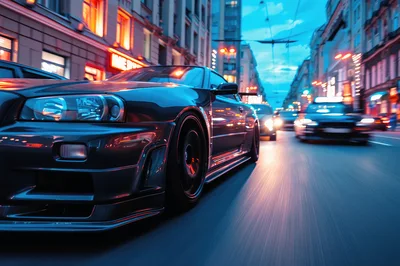 Nissan Skyline GT-R Driving Through City Streets At Night