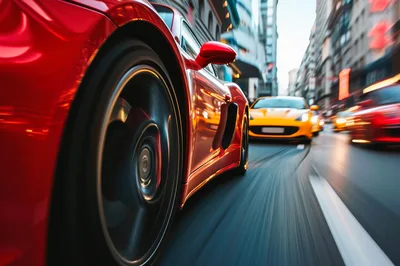 Red Sports Car Racing Through City Streets