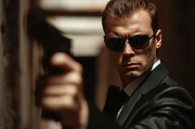Secret Agent Aiming Handgun in Dark Corridor