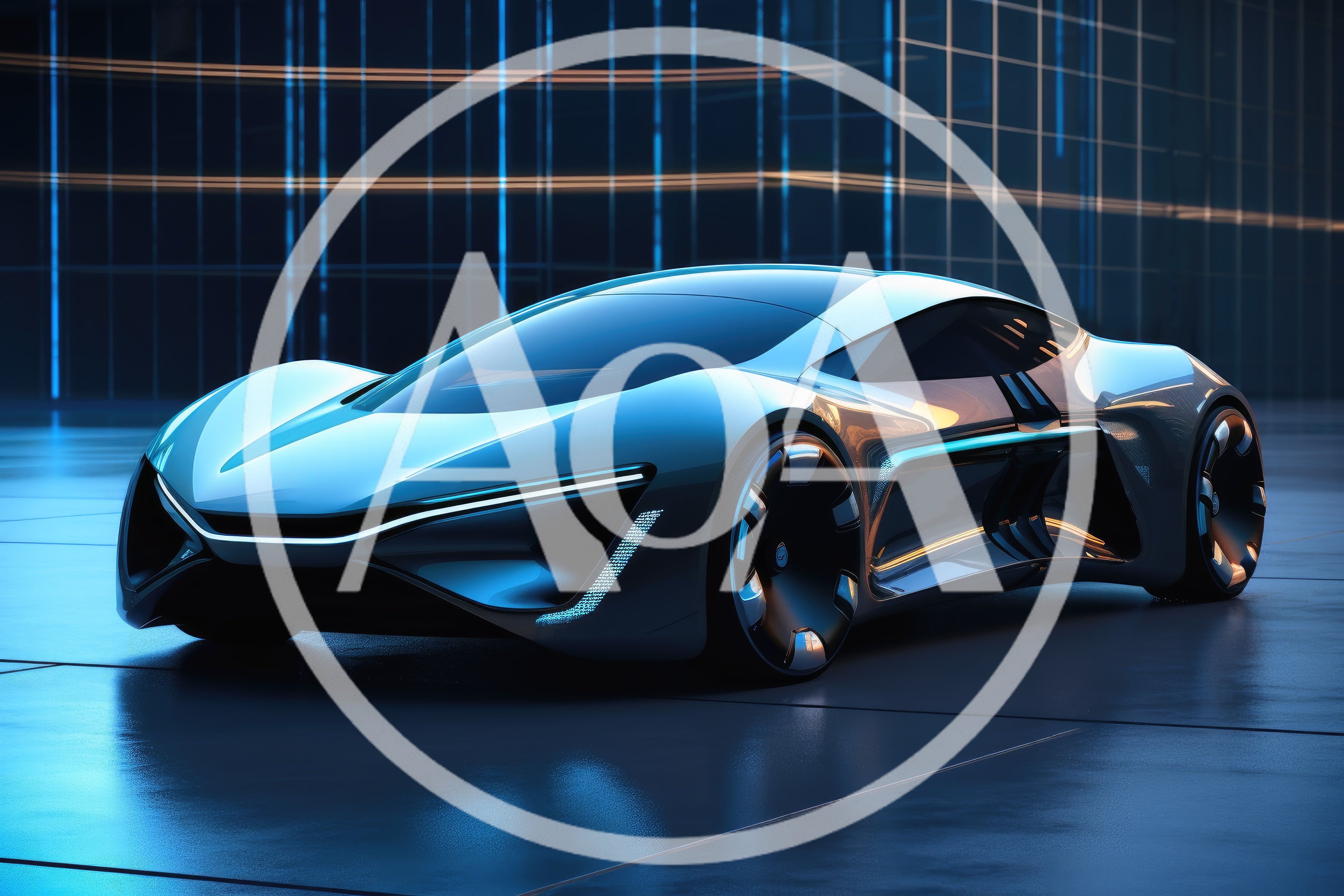 Futuristic Concept Sports Car In Modern Architectural Setting