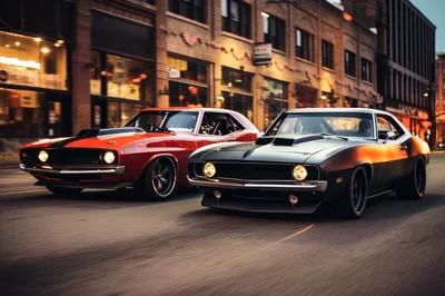 Two Classic Muscle Cars Racing Through City Streets