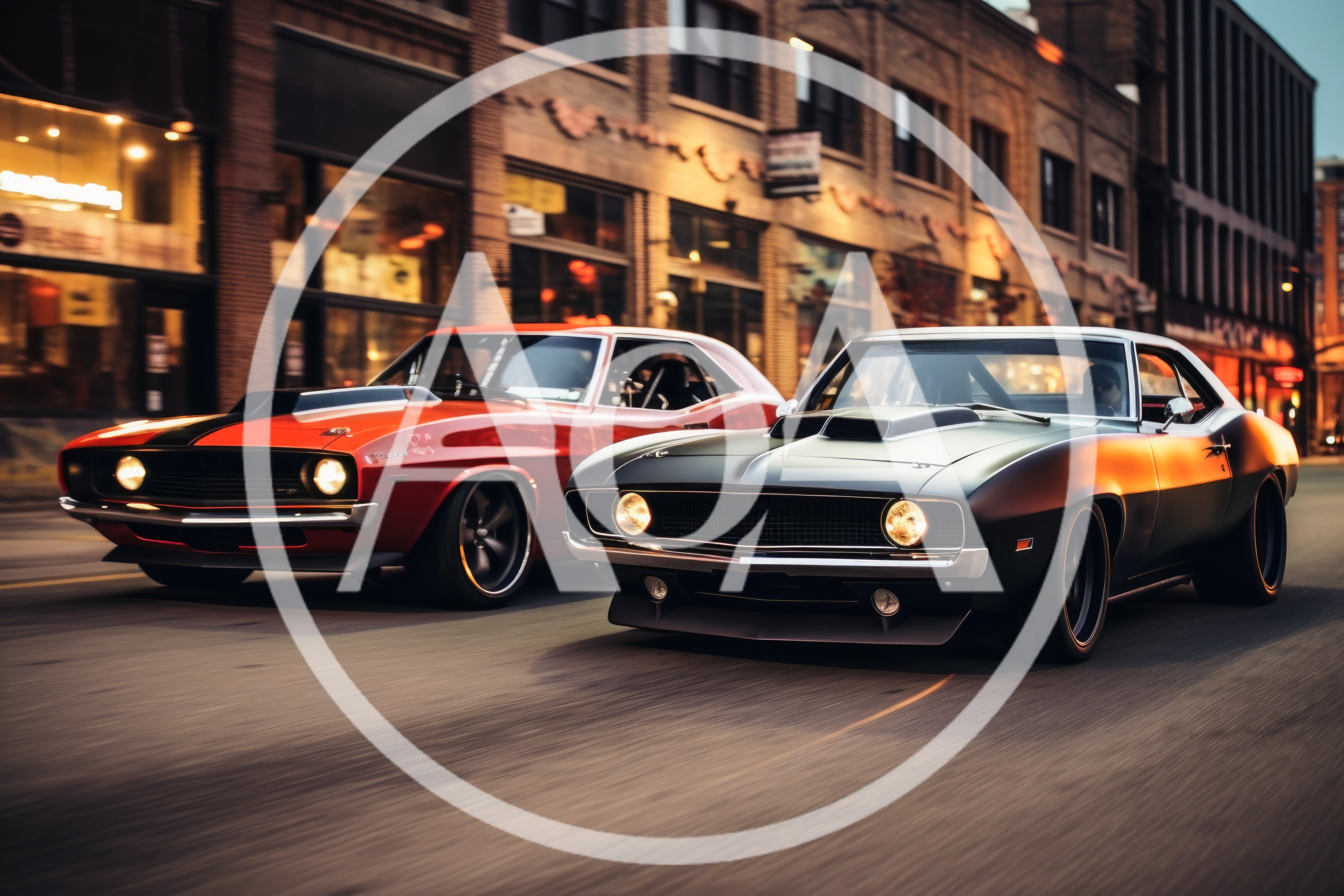 Two Classic Muscle Cars Racing Through City Streets