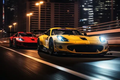Yellow And Red Sports Cars Racing At Night