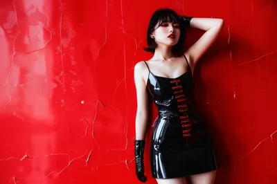 Stylish Woman In Latex Dress Posing Against Red Wall