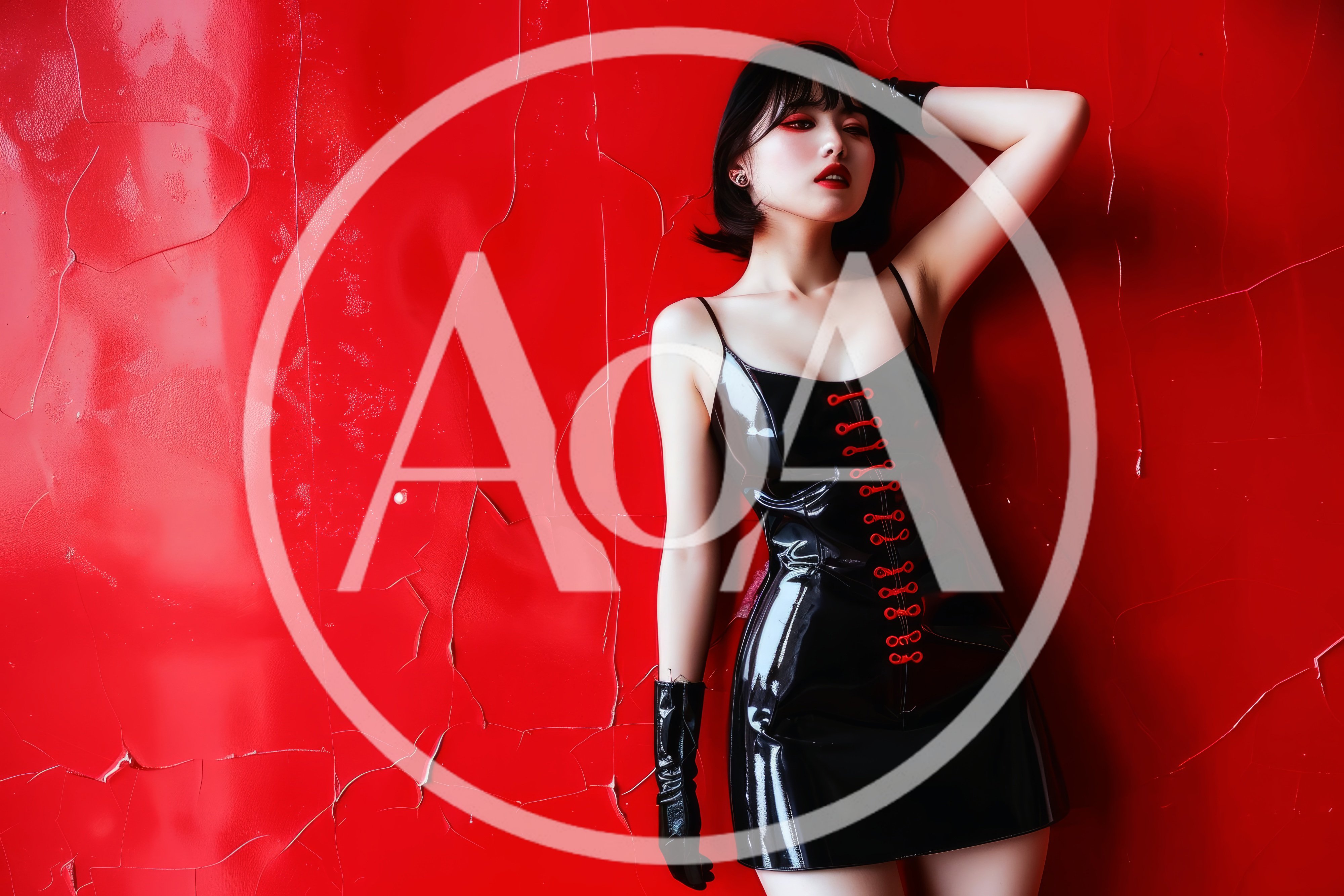 Stylish Woman In Latex Dress Posing Against Red Wall