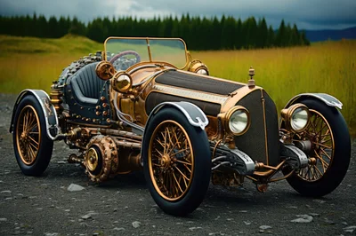 Steampunk Vintage Brass Car On Gravel Road
