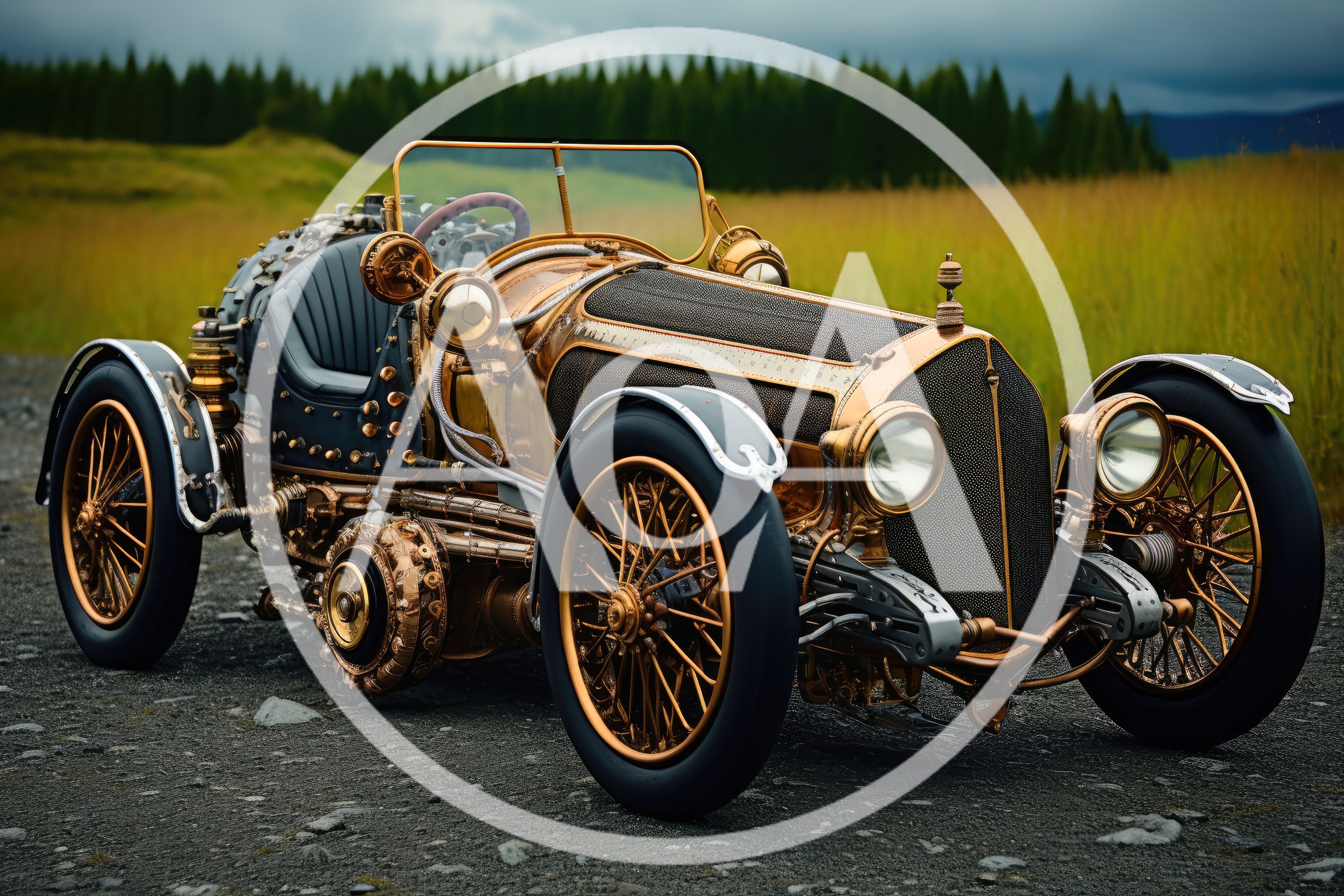 Steampunk Vintage Brass Car On Gravel Road