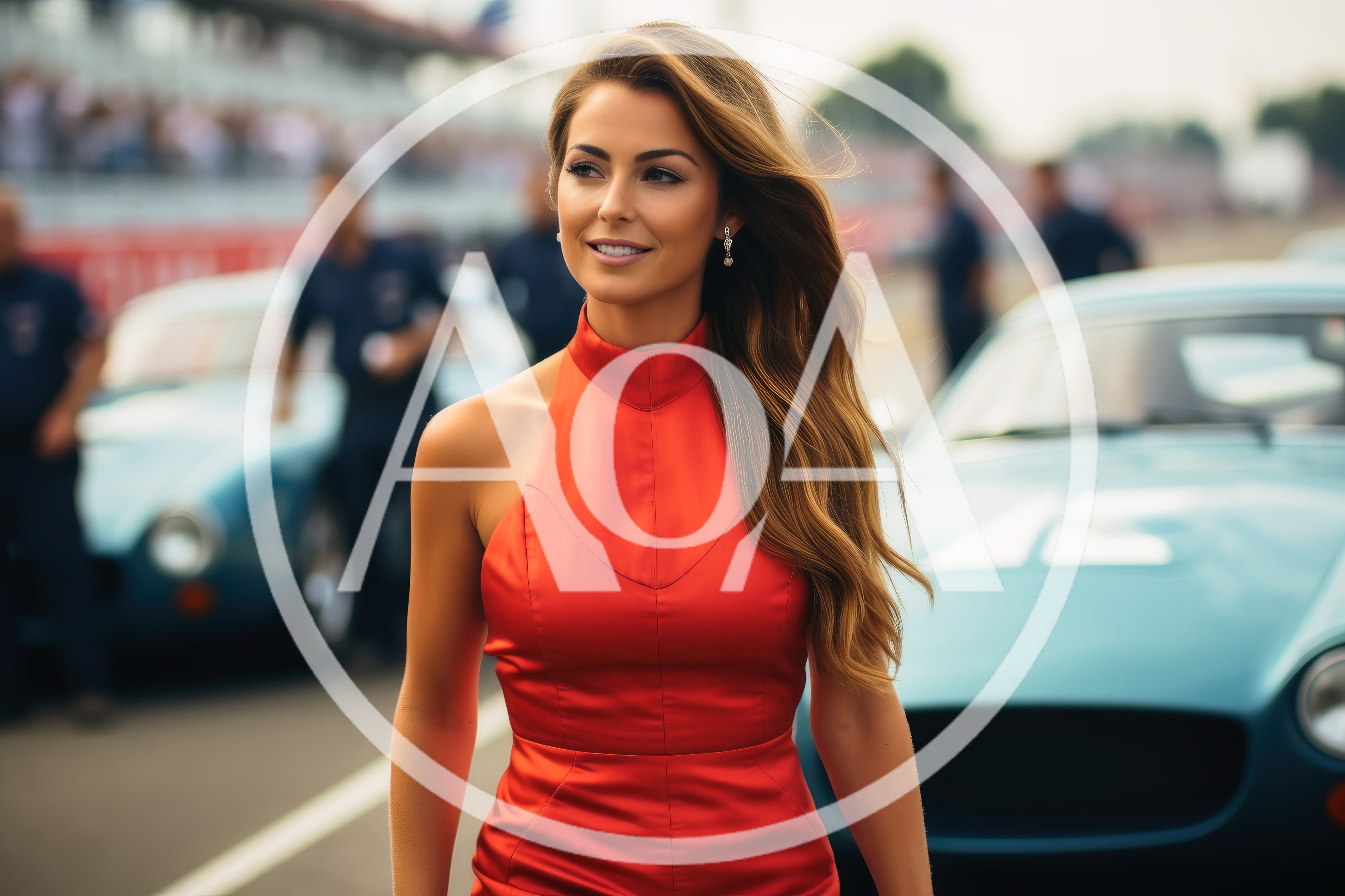 Elegant Woman In Red Dress At Vintage Car Race