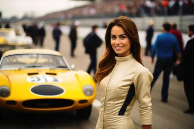 Smiling Female Race Car Driver Standing By Yellow Car