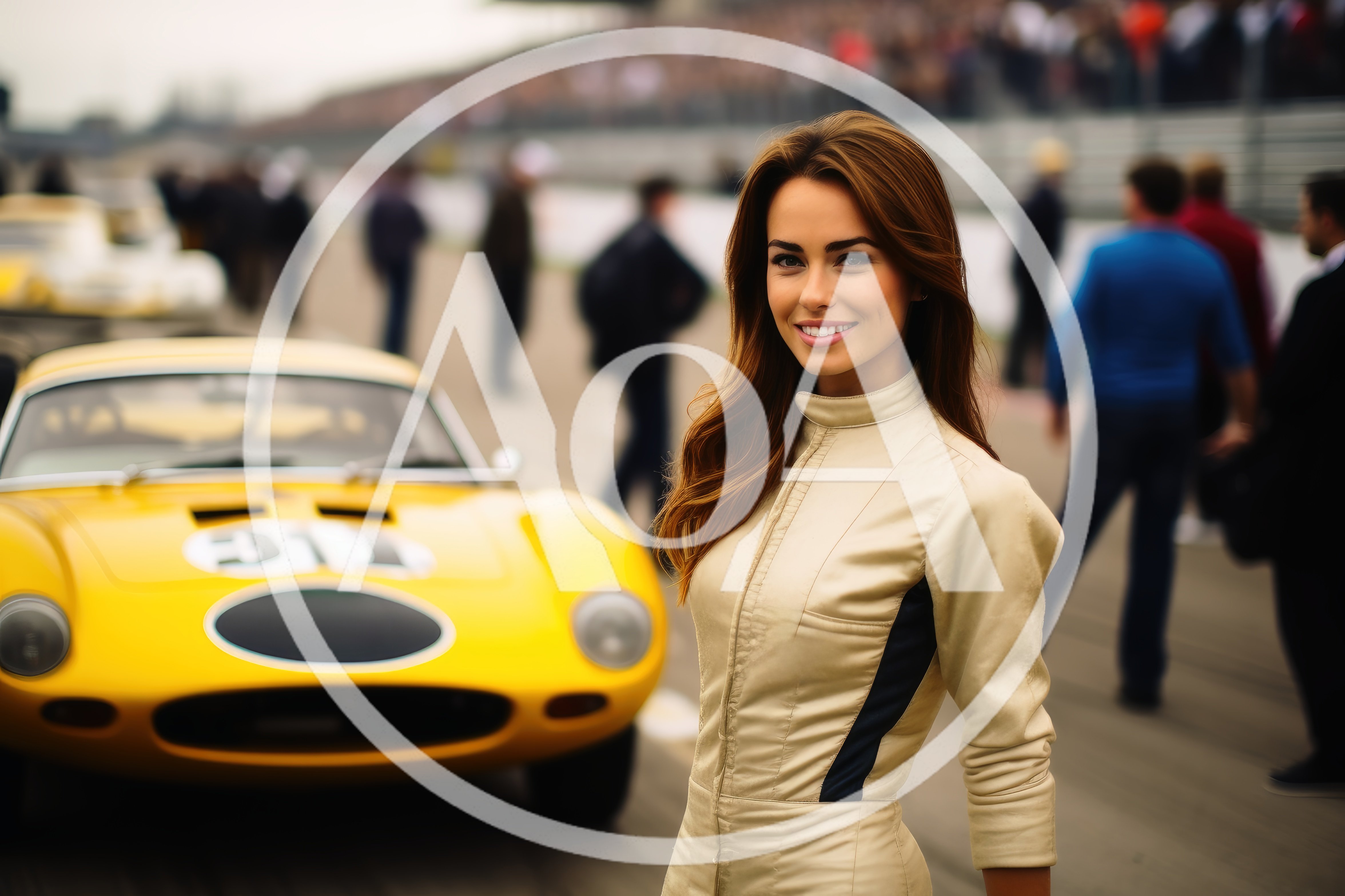 Smiling Female Race Car Driver Standing By Yellow Car