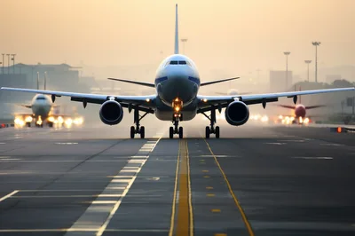Commercial Airplane Taxiing on Airport Runway at Sunset