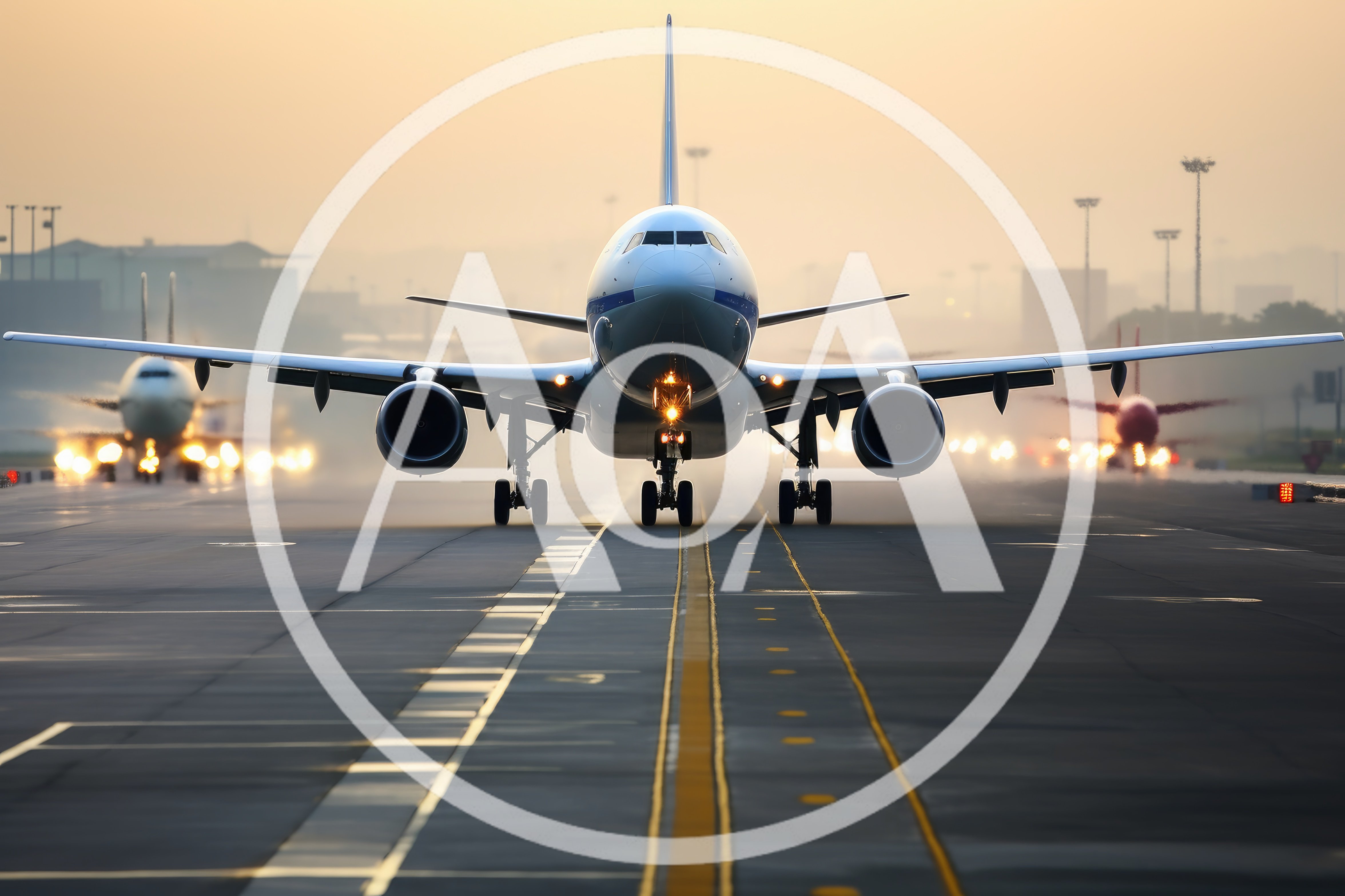Commercial Airplane Taxiing on Airport Runway at Sunset