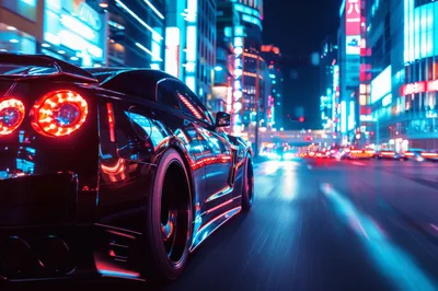 Black Nissan GT-R Driving Through Neon Tokyo Streets