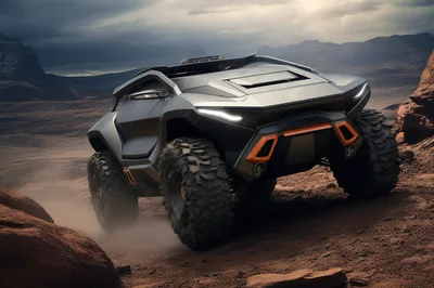 Futuristic Off-Road Concept Vehicle Driving Through Desert