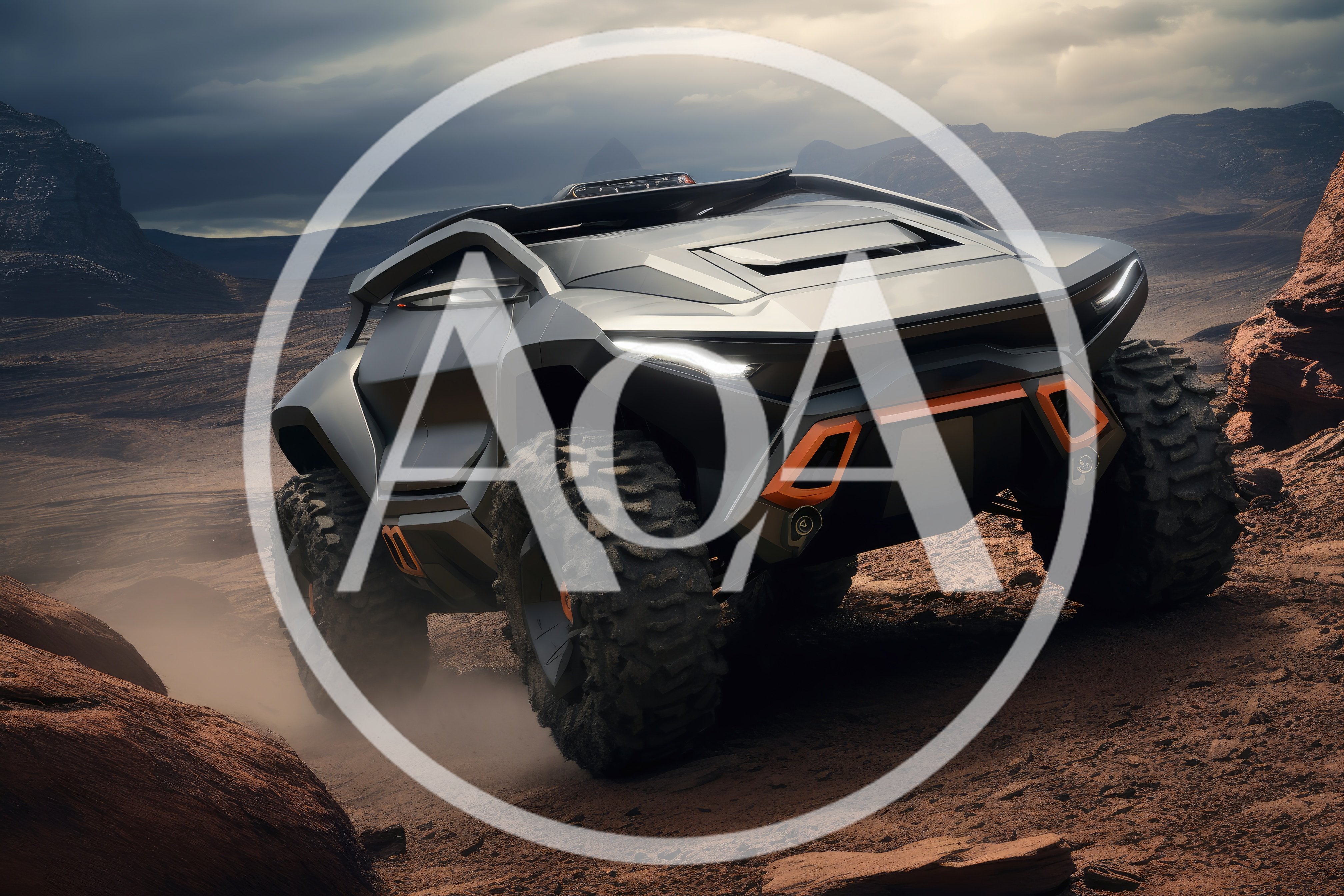 Futuristic Off-Road Concept Vehicle Driving Through Desert