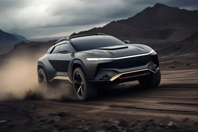 Futuristic Concept SUV Driving Through Desert Landscape