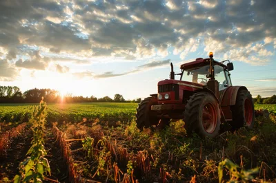Red Tractor Parked In A Field At Sunset