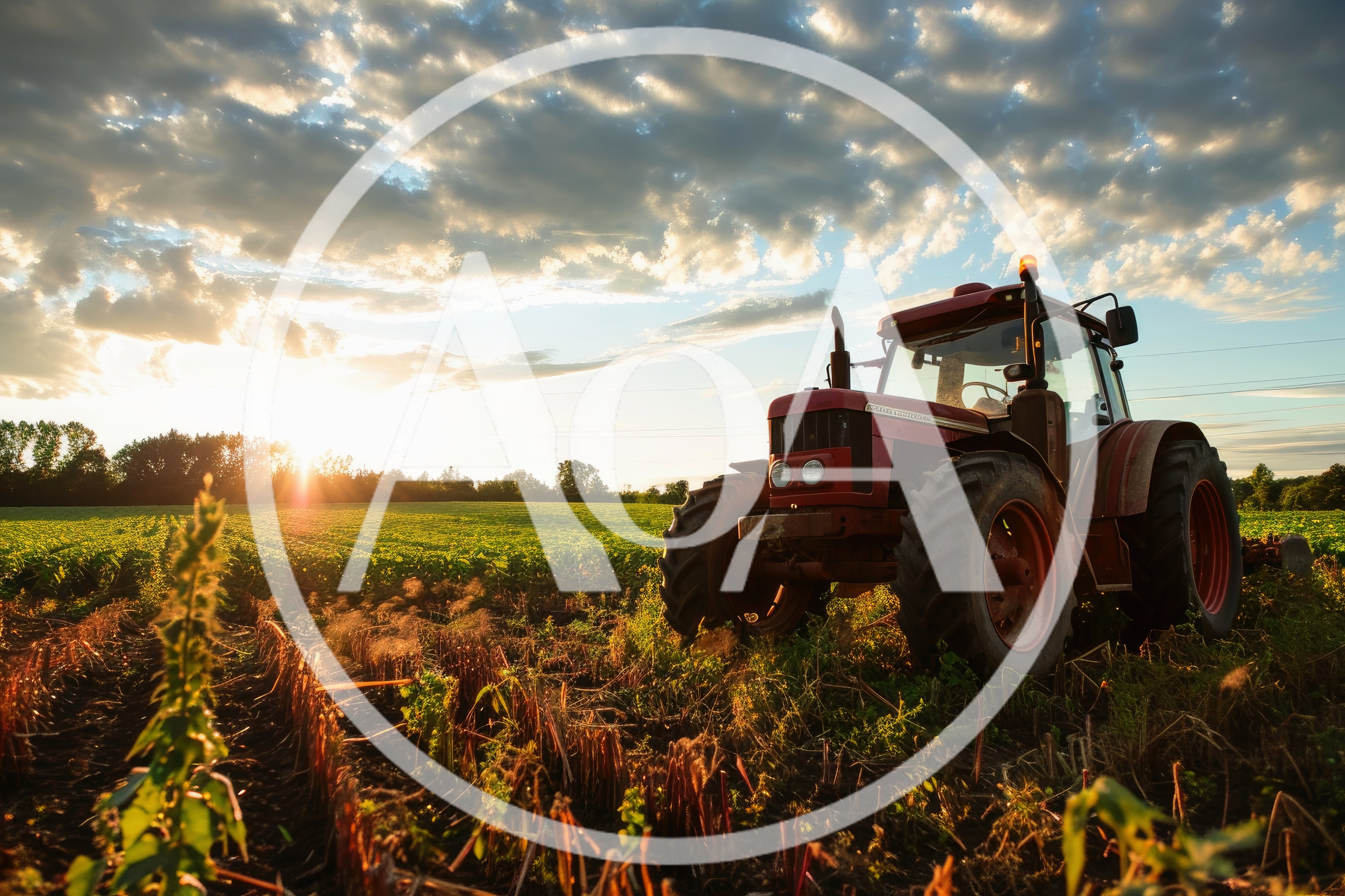 Red Tractor Parked In A Field At Sunset