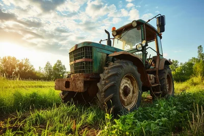 Old Green Tractor Parked In A Sunny Rural Field