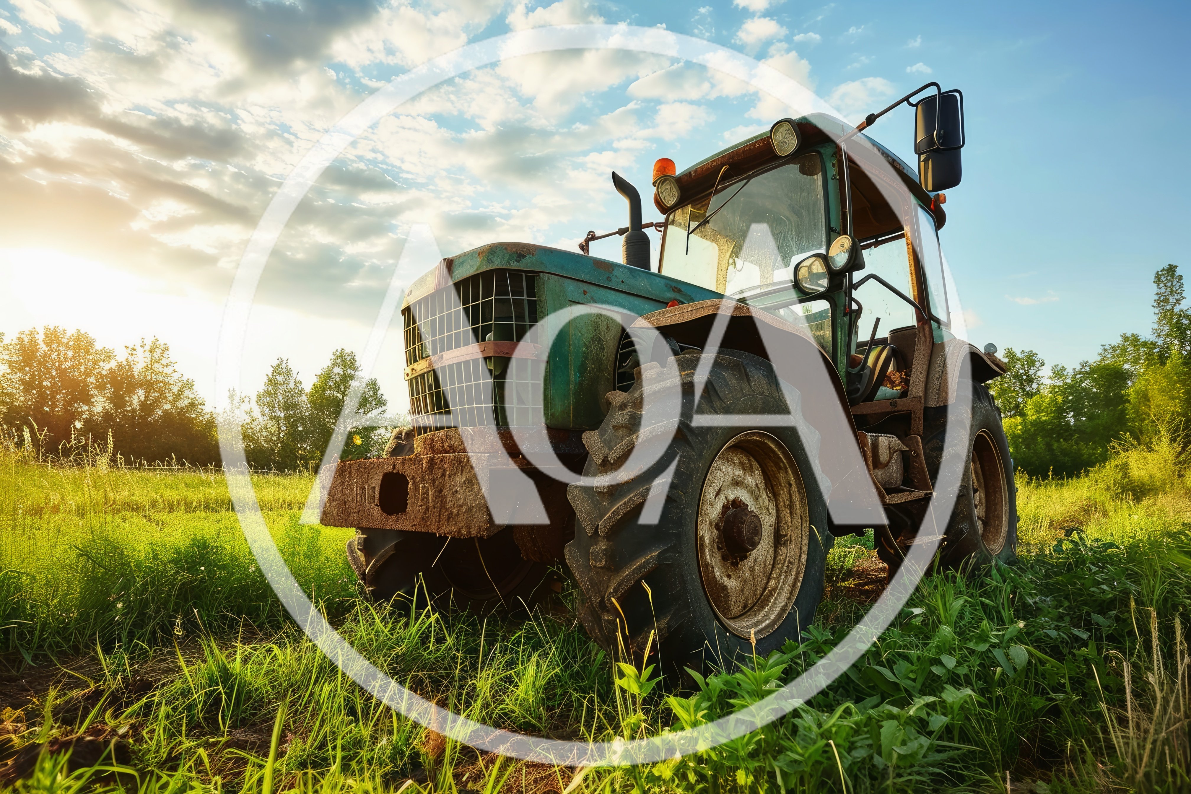 Old Green Tractor Parked In A Sunny Rural Field