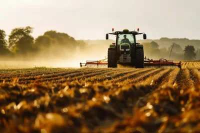 Green Tractor Harvesting Field During Golden Hour