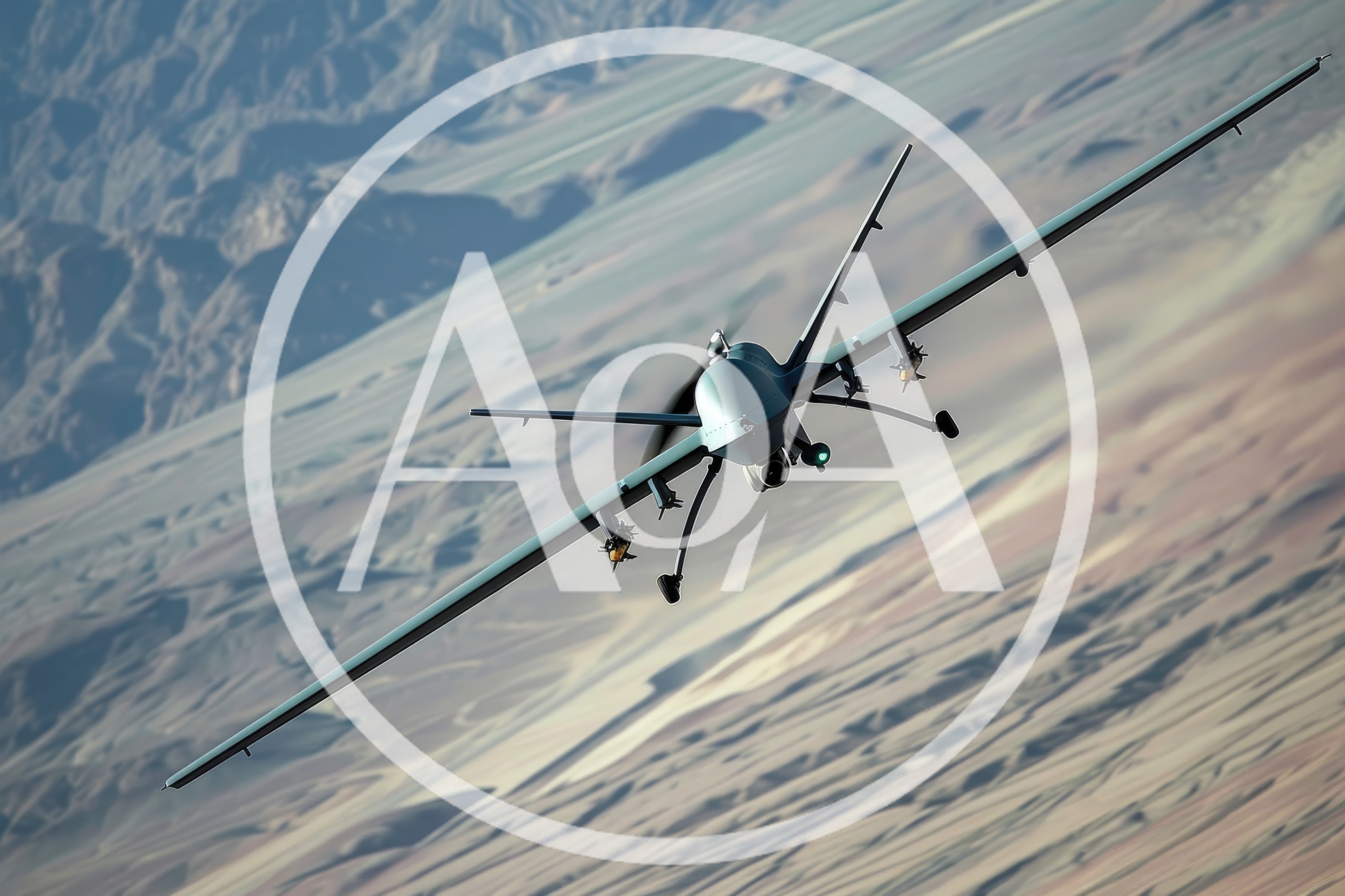 Military Unmanned Aerial Vehicle Flying Over Desert Landscape