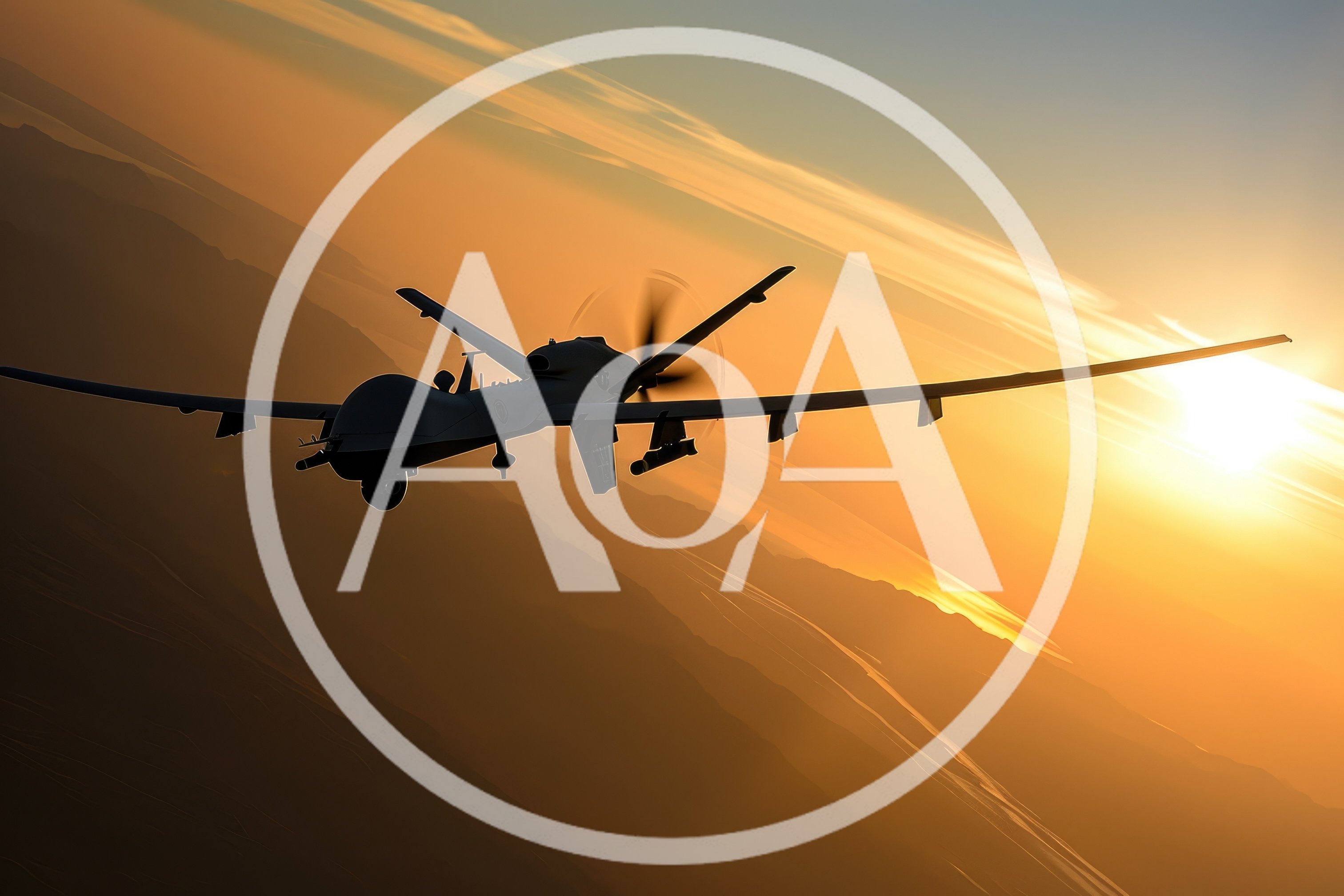 MQ-9 Reaper Drone Flying Over Mountainous Landscape At Sunset