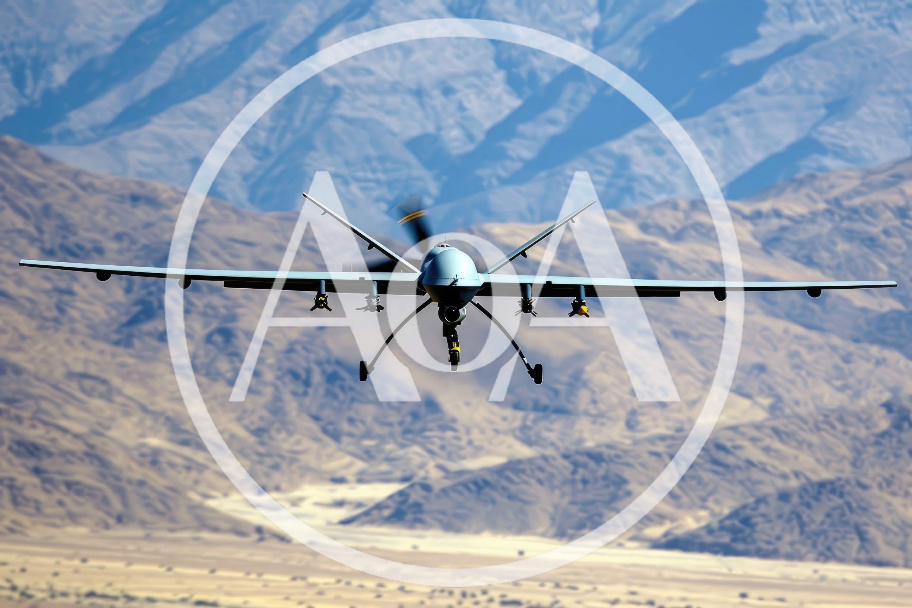 MQ-9 Reaper Drone Flying Over Desert Mountains