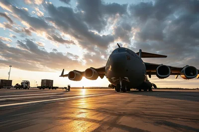Military Cargo Aircraft Parked On Tarmac At Sunset