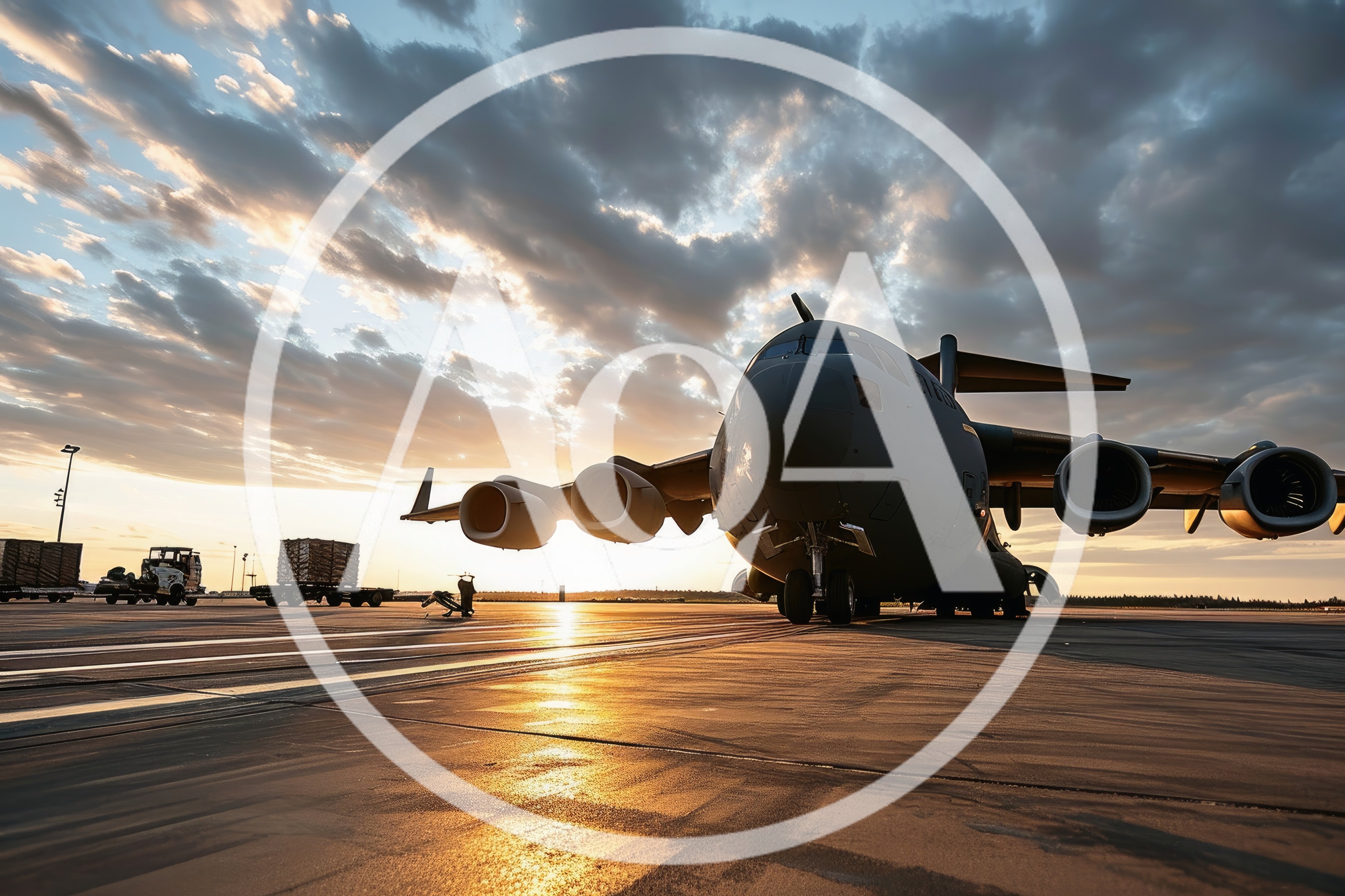 Military Cargo Aircraft Parked On Tarmac At Sunset