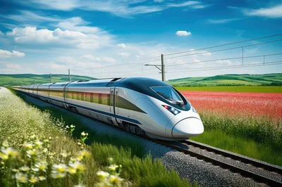 Modern High Speed Train Traveling Through Rural Landscape