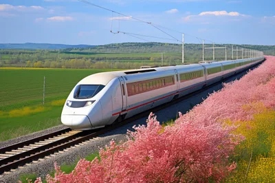 High Speed Train Traveling Through A Spring Landscape