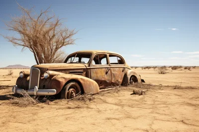 Abandoned Vintage Car In A Desert Landscape