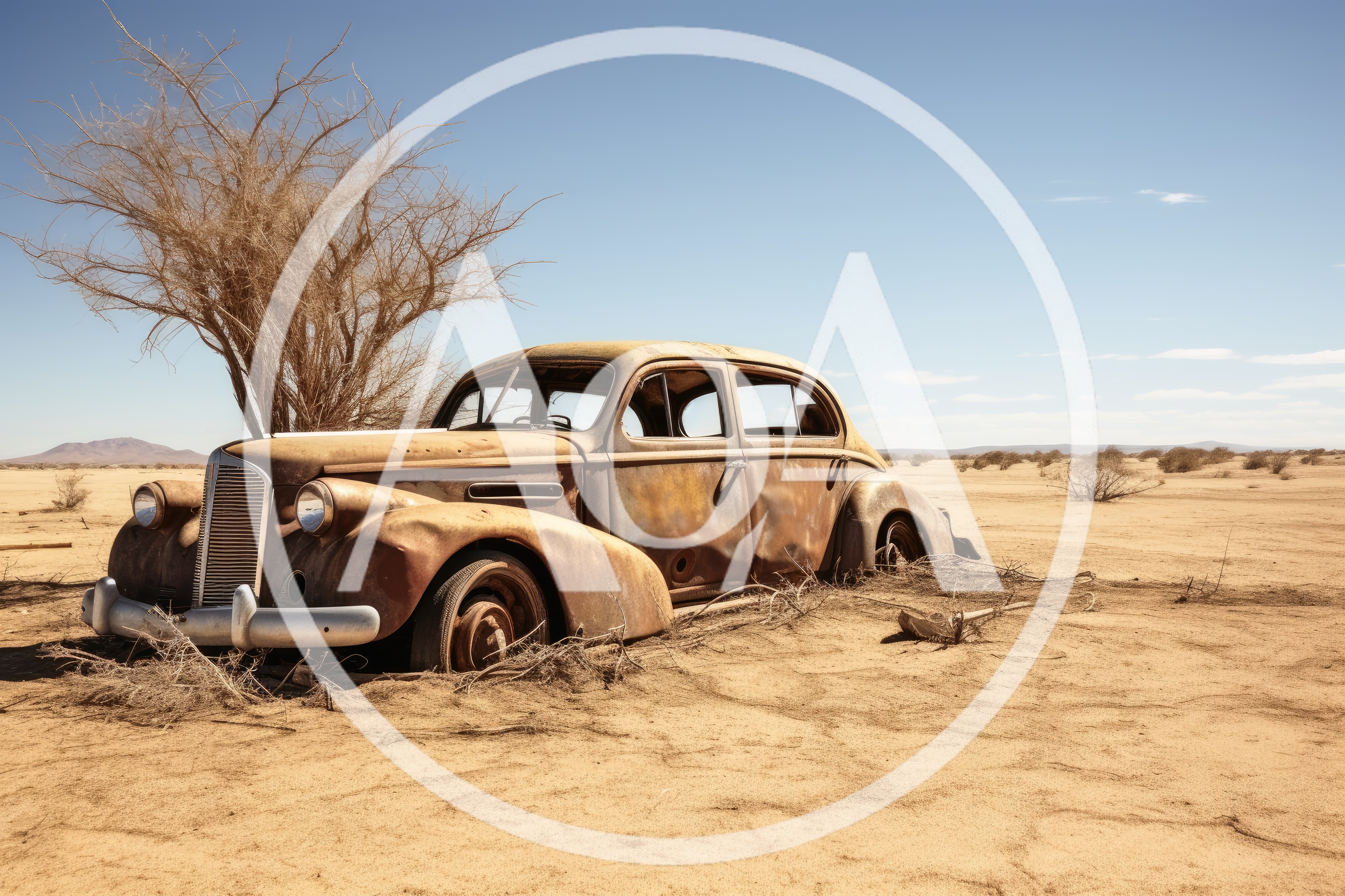 Abandoned Vintage Car In A Desert Landscape