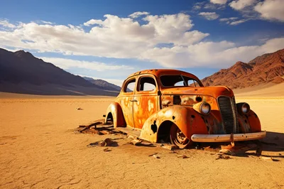 Abandoned Rusty Vintage Car In Desert Landscape