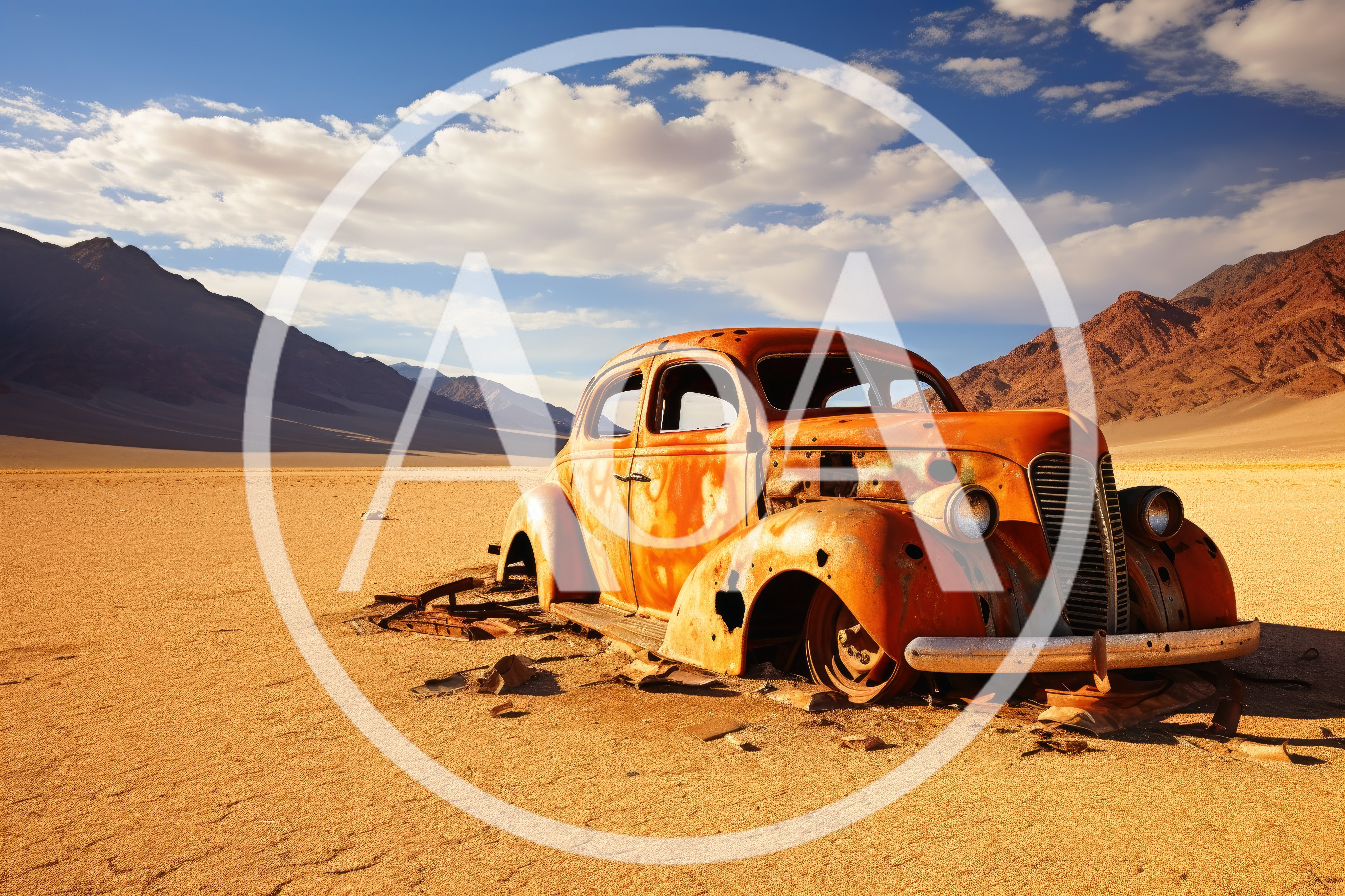 Abandoned Rusty Vintage Car In Desert Landscape