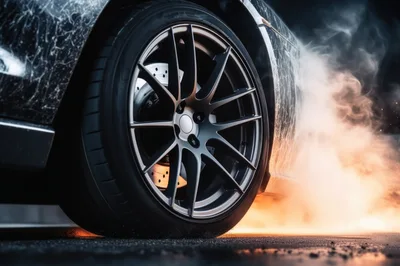 Close Up Of A Sports Car Tire Burning Rubber