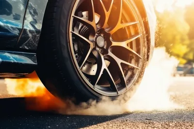 Sports Car Tire Performing A Burnout On Asphalt