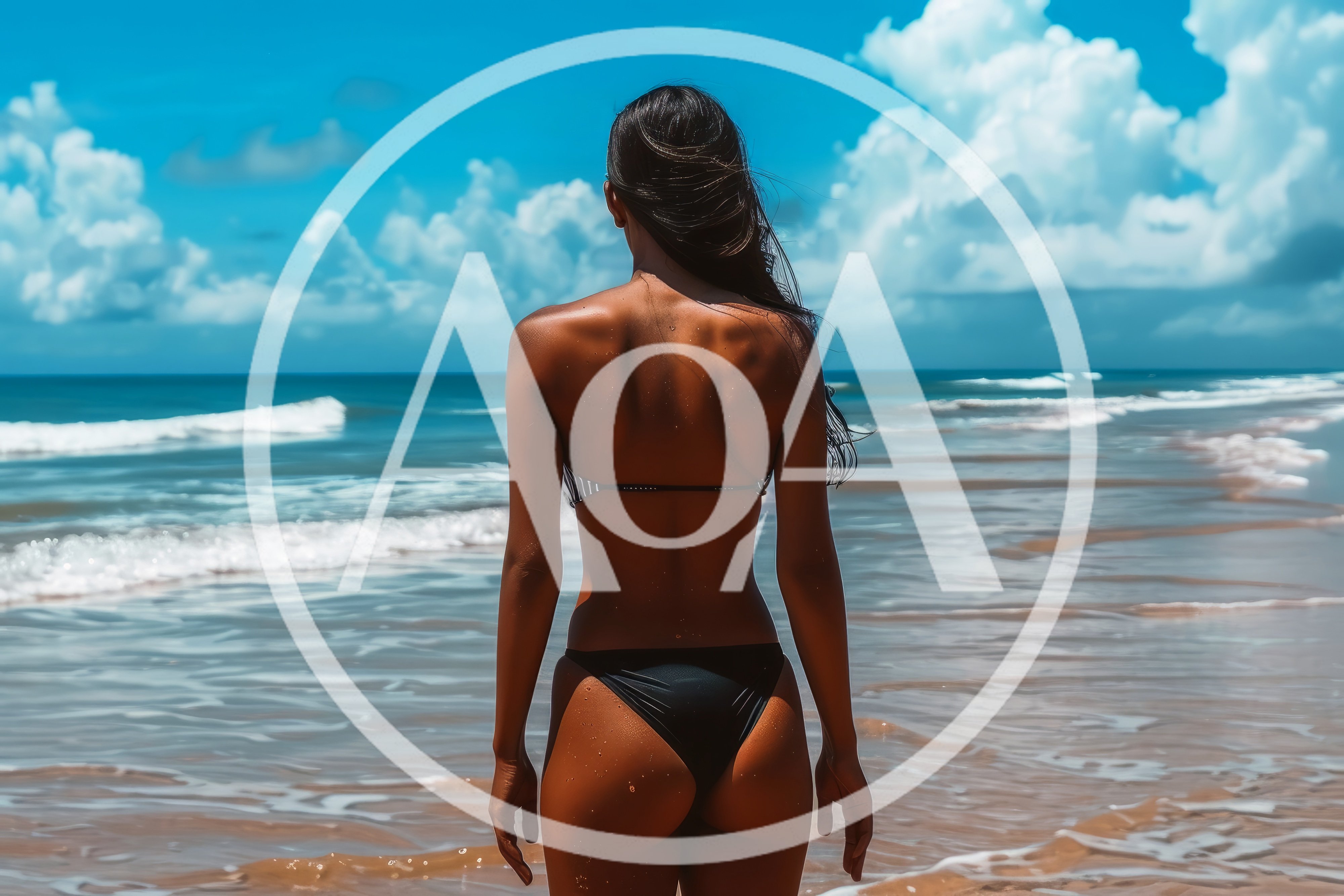 Woman Standing In Ocean Waves At Tropical Beach