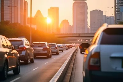 Traffic Jam on Urban Highway During Golden Hour