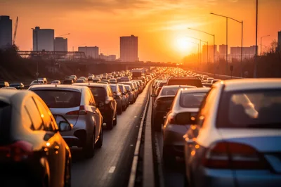 Heavy Traffic Congestion During Golden Hour Sunset