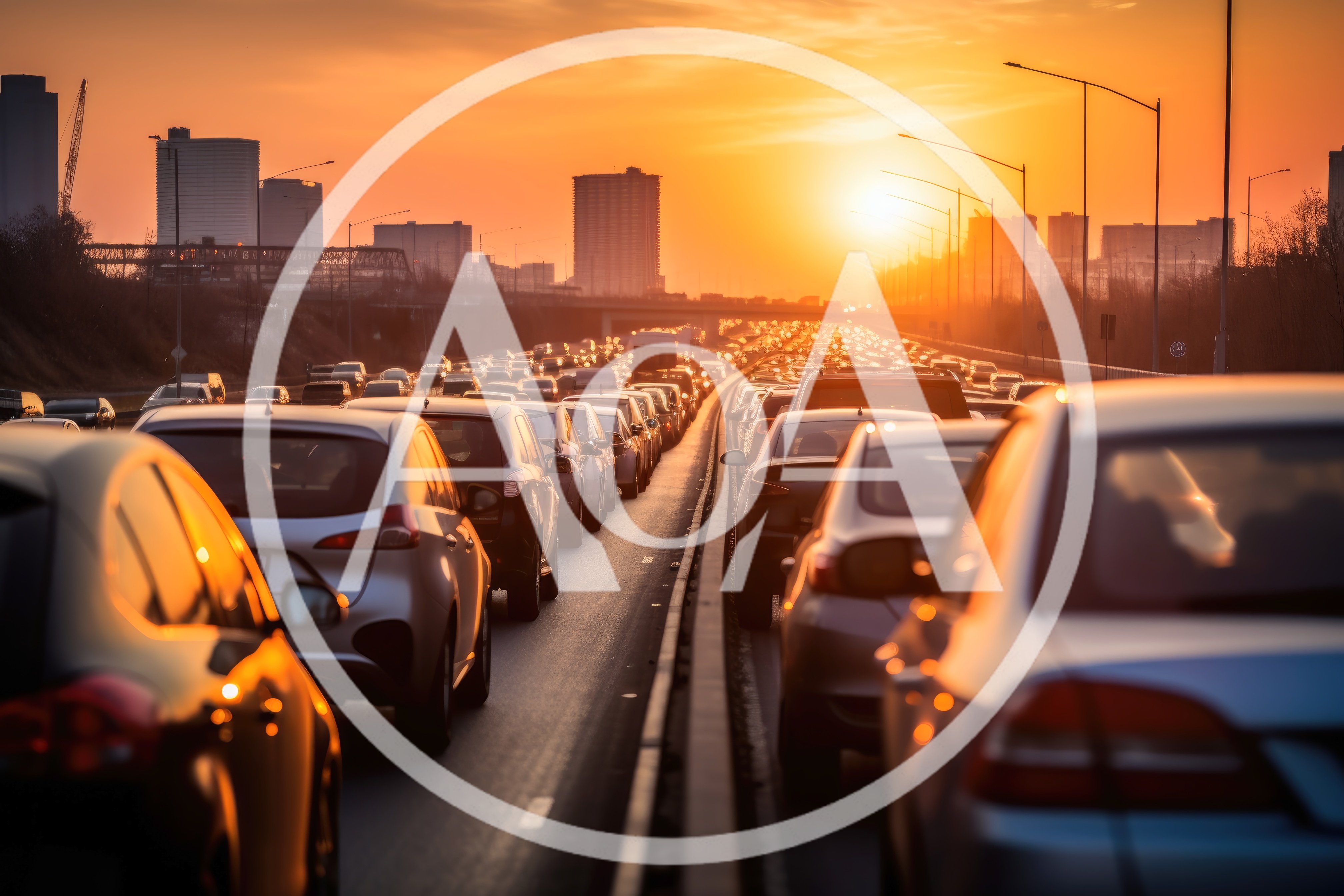 Heavy Traffic Congestion During Golden Hour Sunset