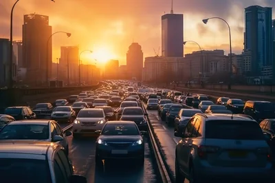 Heavy Traffic Congestion During Golden Hour Sunset