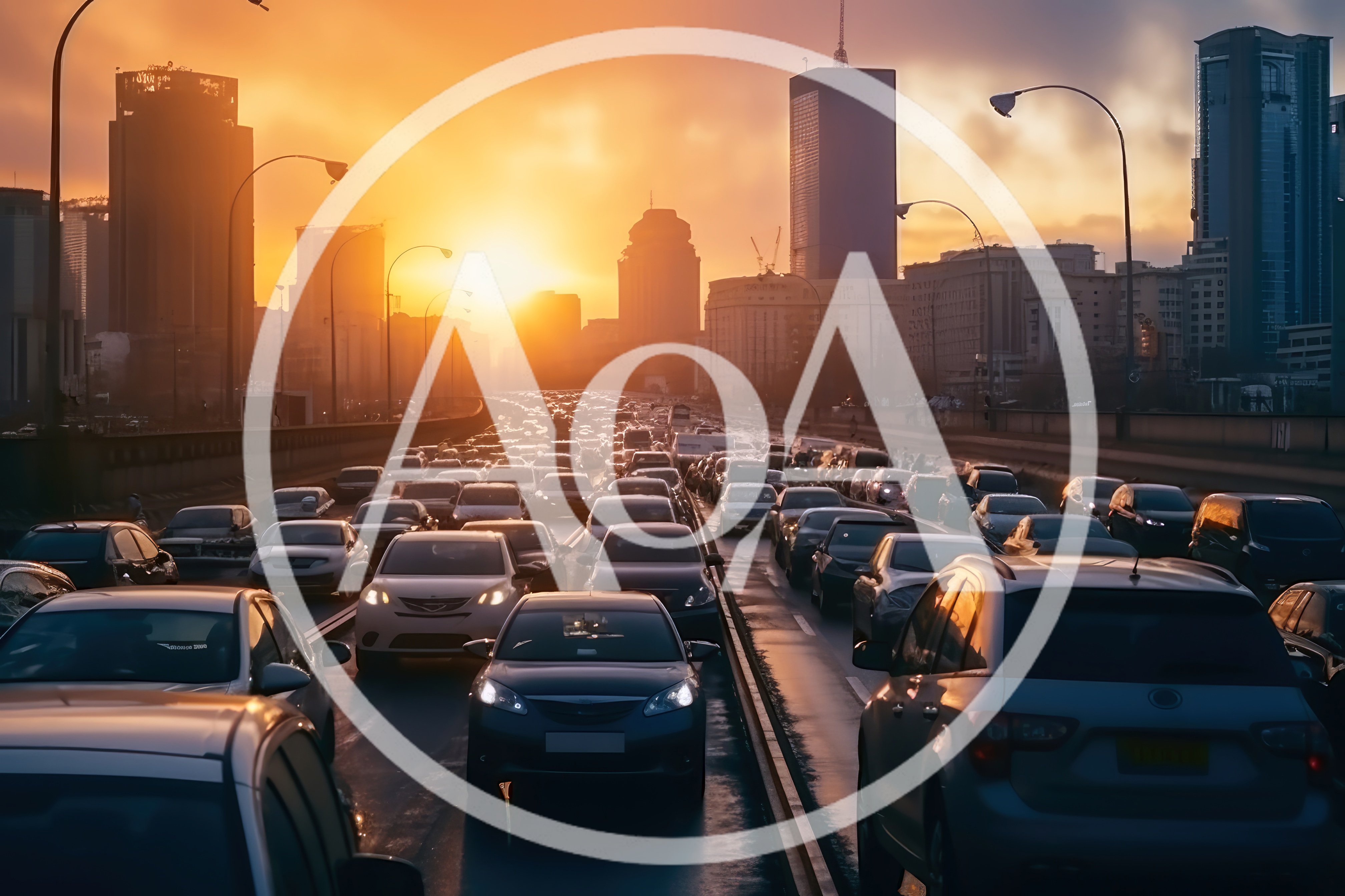 Heavy Traffic Congestion During Golden Hour Sunset