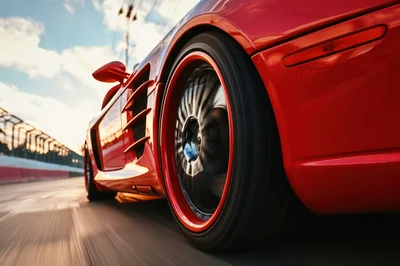 Red Sports Car Driving Fast on Racetrack